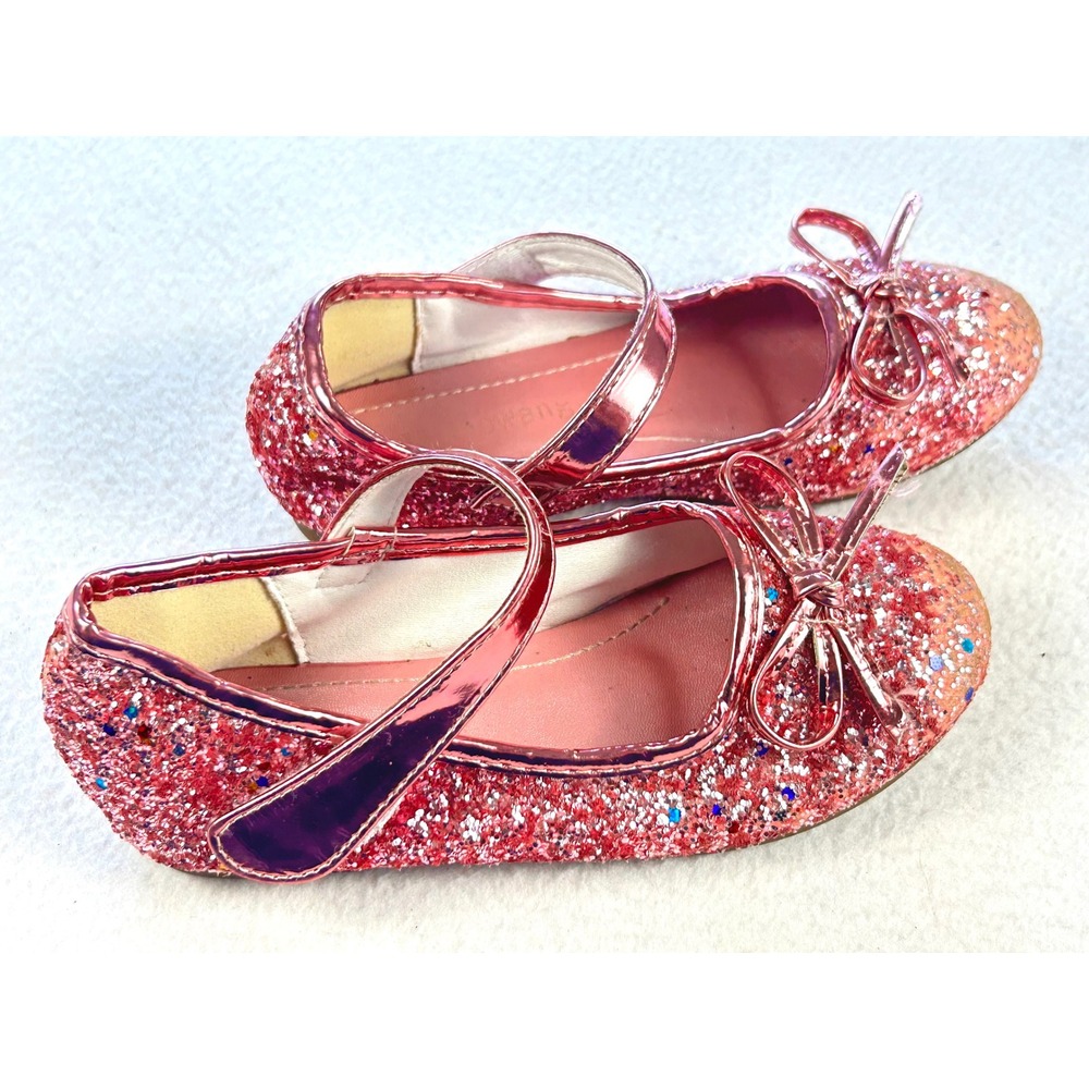 Jiaduowang Girls Pink Glitter Mary Jane Flats Bow Dress Shoes Size 28 US 11